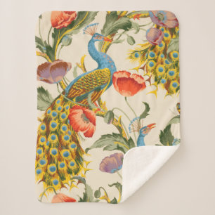 Vintage Peacock and poppies illustrations Sherpa Blanket