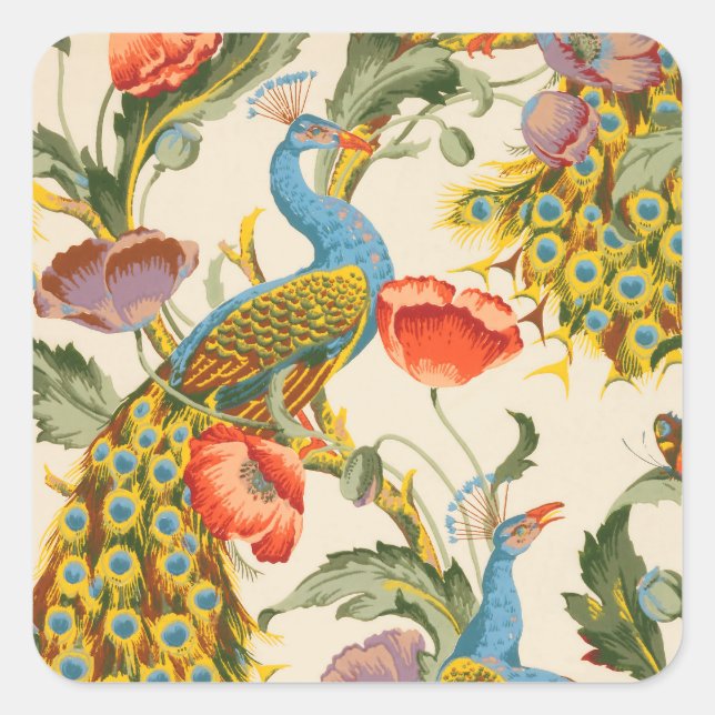 Vintage Peacock and poppies illustrations Square Sticker (Front)
