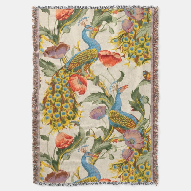 Vintage Peacock and poppies illustrations Throw Blanket (Front Vertical)