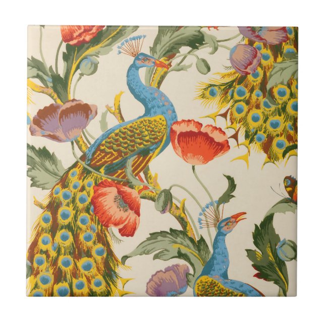 Vintage Peacock and poppies illustrations Tile (Front)