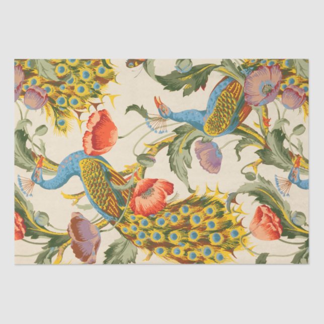 Vintage Peacock and poppies illustrations Tissue Paper (Front)