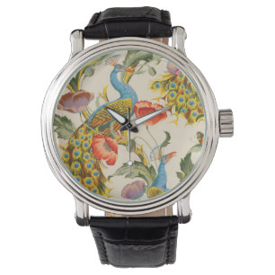 Vintage Peacock and poppies illustrations Watch