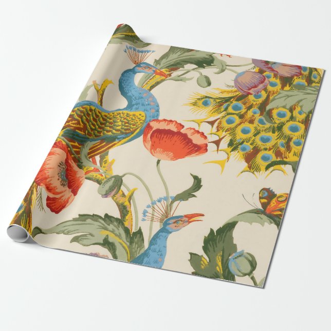 Vintage Peacock and poppies illustrations Wrapping Paper (Unrolled)