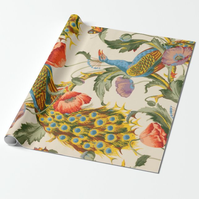 Vintage Peacock and poppies illustrations Wrapping Paper (Unrolled)