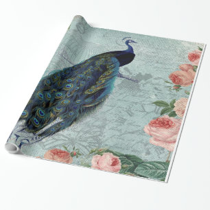 Vintage Peacock and Roses Illustration Wrapping Paper
