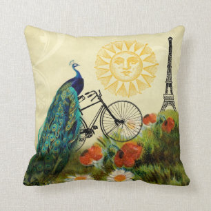 Vintage Peacock Art with Eiffel Tower Cushion