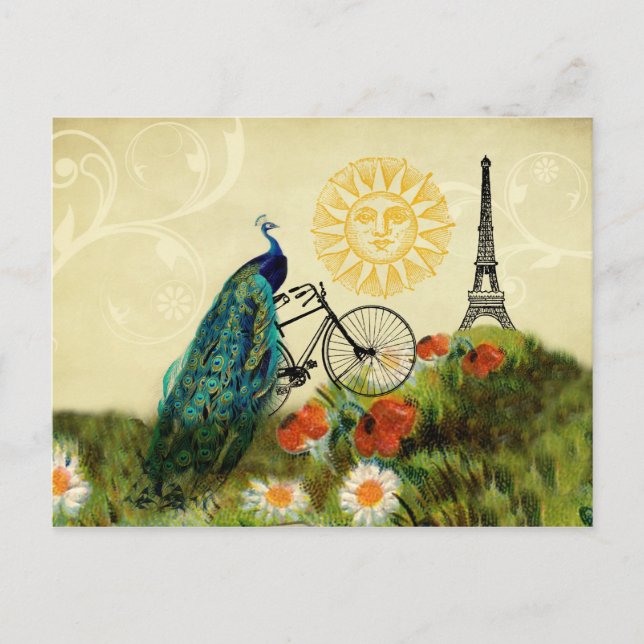 Vintage Peacock Art with Eiffel Tower Postcard (Front)