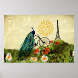 Vintage Peacock Art with Eiffel Tower Poster