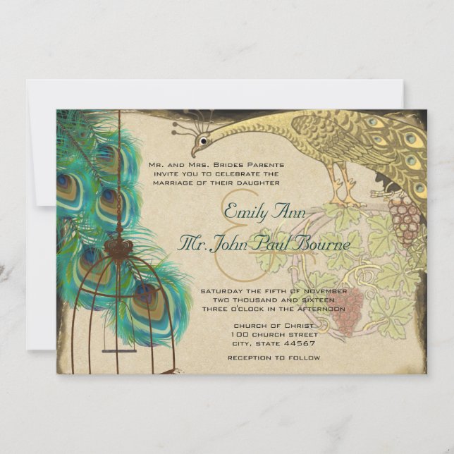 Vintage Peacock Bird Cage Feather Wedding Invite (Front)