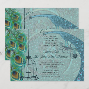 Vintage Peacock Bird Cage Feather Wedding Invite