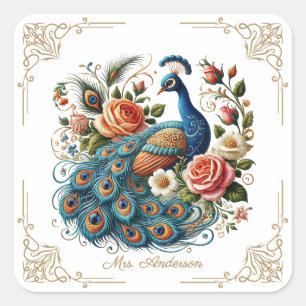 Vintage Peacock Bird Floral Art Square Sticker
