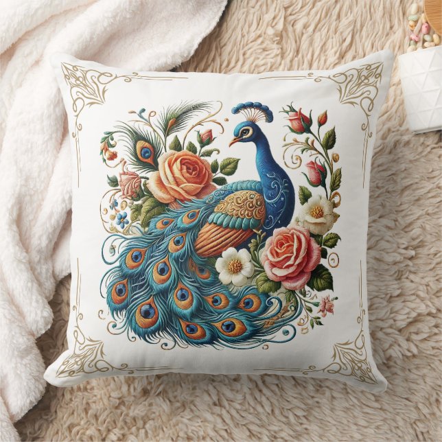 Vintage Peacock Bird Floral Art Throw Pillow  (Blanket)