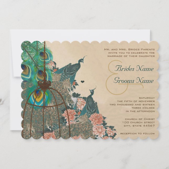 Vintage Peacock Birdcage Feather Wedidng Invitate Invitation (Front)