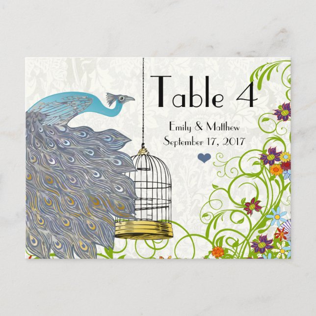 Vintage Peacock & Birdcage Wedding Number Card (Front)