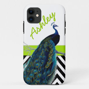 Vintage Peacock Black Chevron Lime Green Name iPhone 11 Case