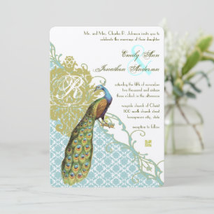 Vintage Peacock Blue and Green Damask Wedding Invitation
