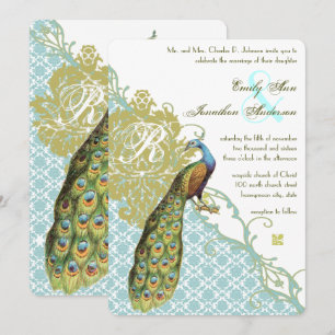 Vintage Peacock Blue and Green Damask Wedding Invitation