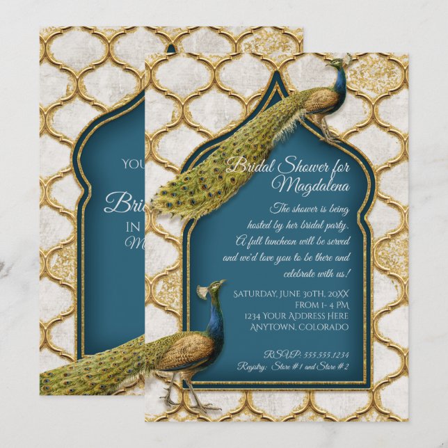 Vintage Peacock Blue Arabesque Gold Bridal Shower Invitation (Front/Back)