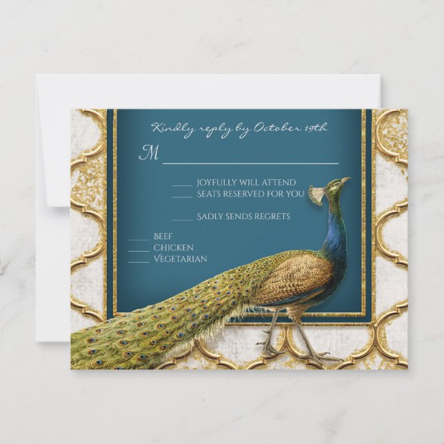 Vintage Peacock Blue n Gold Elegant RSVP response (Front)