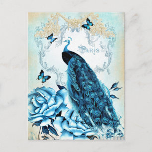 Vintage Peacock Blue Rose Butterfly Postcard