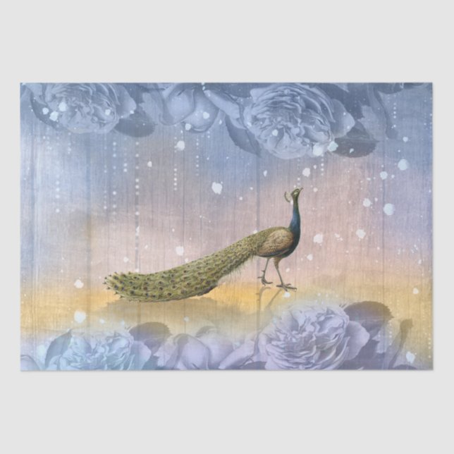 Vintage Peacock Blue Roses Decoupage Tissue Paper (Front)