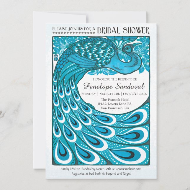 Vintage Peacock Bridal Shower Invitations (Front)