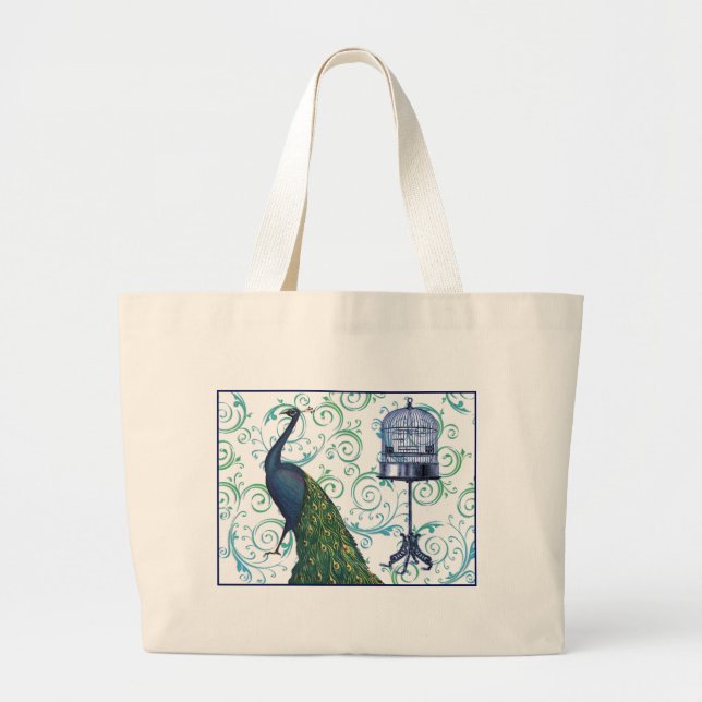 Vintage Peacock & Cage Large Tote Bag (Front)