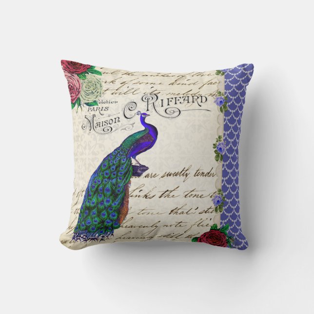 Vintage Peacock Collage shabby chic pillow (Front)