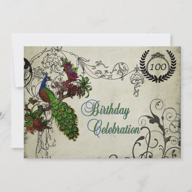 Vintage Peacock Customised 100th Birthday Invite (Front)