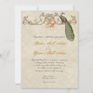 Vintage Peacock & Etchings Burnt Orange Wedding Invitation