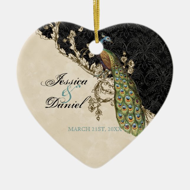 Vintage Peacock & Etchings Christmas Ornament (Front)