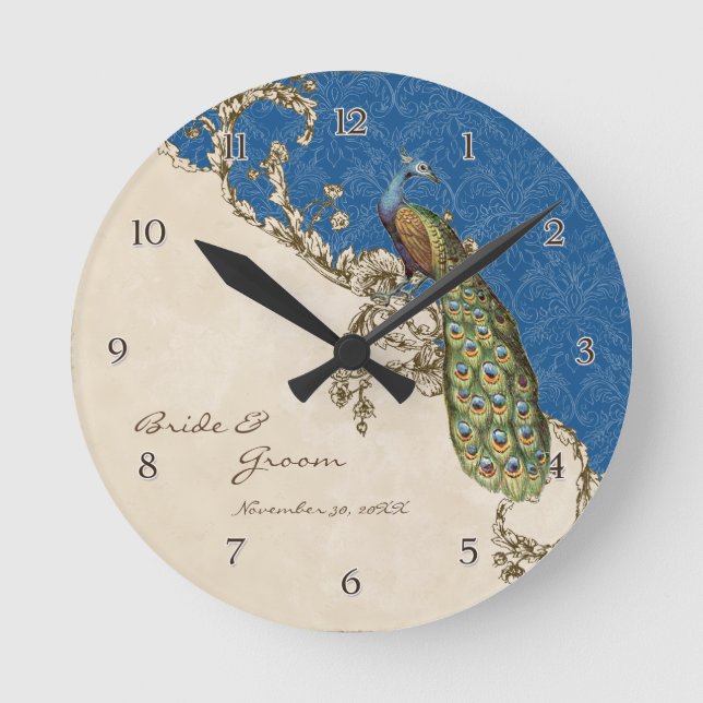 Vintage Peacock & Etchings Personalised Wedding Round Clock (Front)