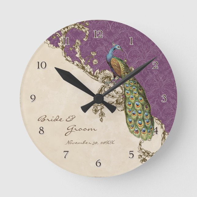 Vintage Peacock & Etchings Personalised Wedding Round Clock (Front)