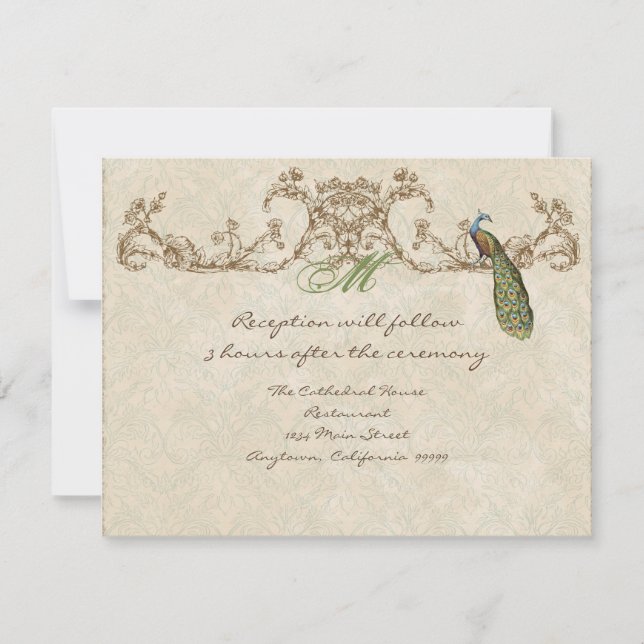 Vintage Peacock & Etchings Reception Invitation (Front)