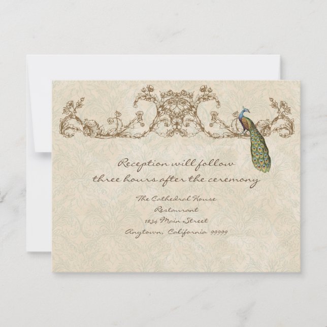 Vintage Peacock & Etchings Reception Invitation (Front)