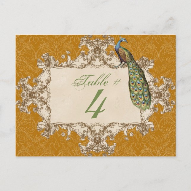 Vintage Peacock & Etchings, Table Number Card (Front)
