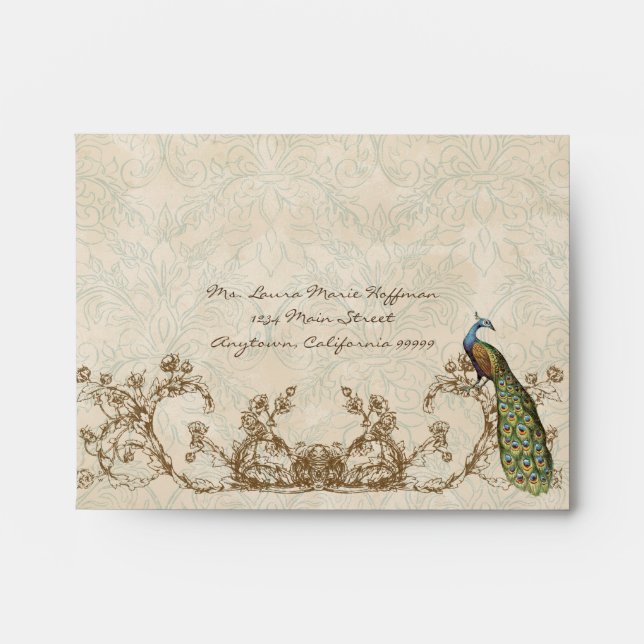 Vintage Peacock & Etchings, Wedding Envelopes (Front)