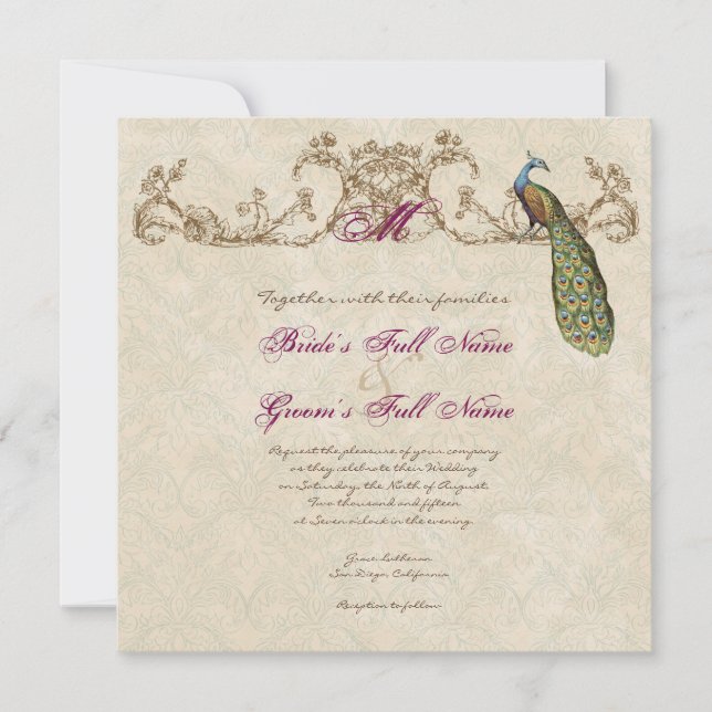 Vintage Peacock & Etchings Wedding Invitation (Front)