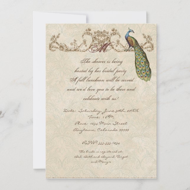 Vintage Peacock & Etchings Wedding Invitation (Front)