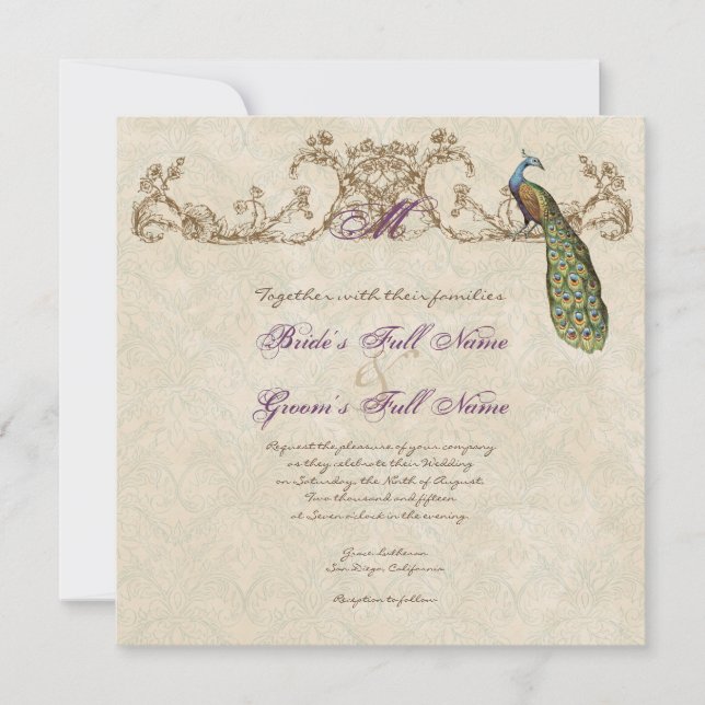 Vintage Peacock & Etchings Wedding Invitation (Front)