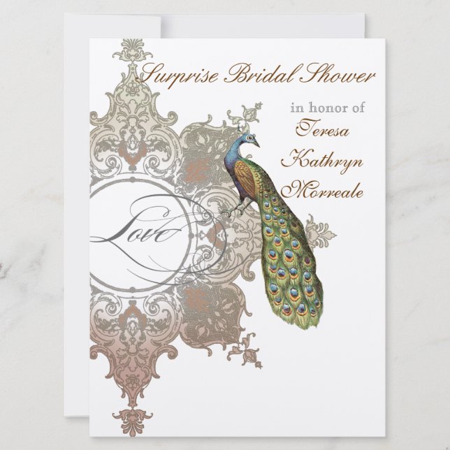 Vintage Peacock & Etchings Wedding Invitation (Front)