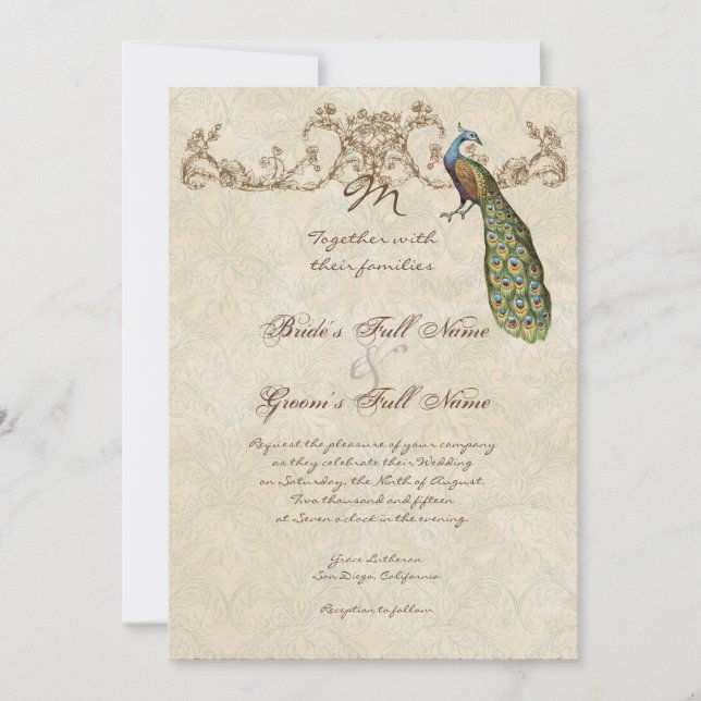Vintage Peacock & Etchings Wedding Invitation (Front)
