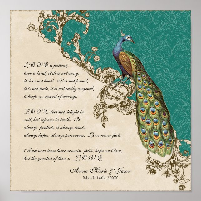Vintage Peacock & Etchings - Wedding Personalised Poster (Front)