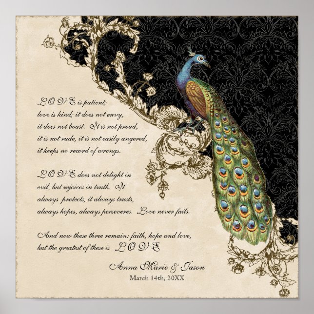 Vintage Peacock & Etchings - Wedding Personalised Poster (Front)