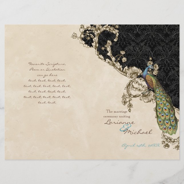 Vintage Peacock & Etchings Wedding Program (Front)