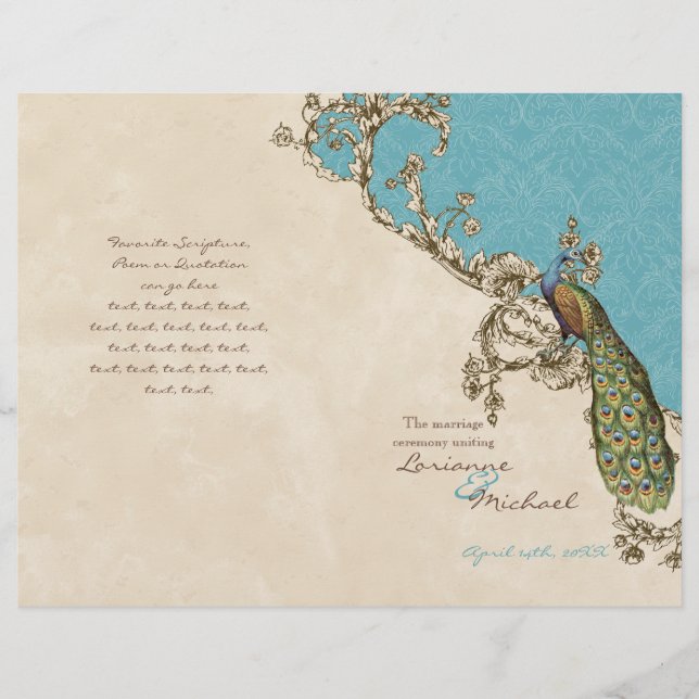 Vintage Peacock & Etchings Wedding Program (Front)