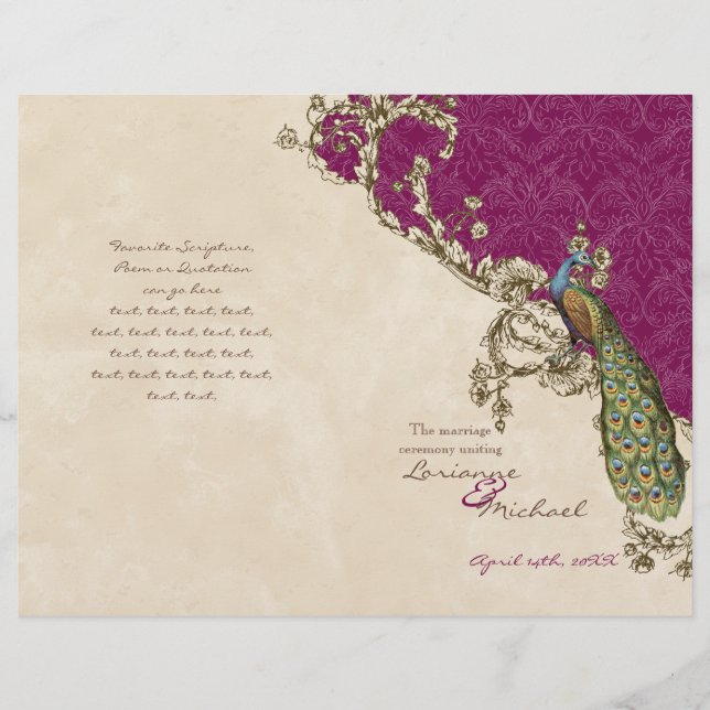 Vintage Peacock & Etchings Wedding Program (Front)