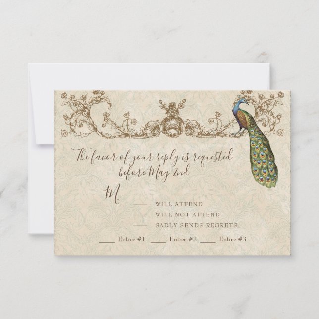 Vintage Peacock & Etchings Wedding RSVP Card (Front)