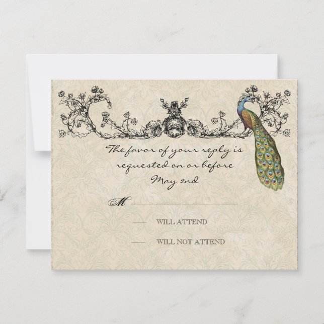 Vintage Peacock & Etchings Wedding RSVP Card (Front)