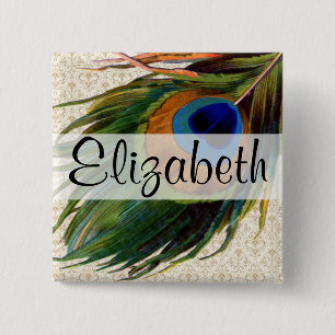 Vintage Peacock Feather 15 Cm Square Badge